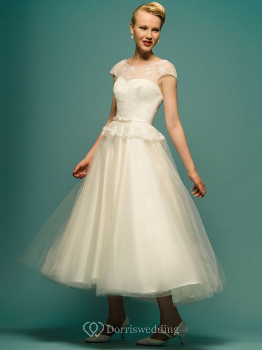 A-Line Tea-Length Appliqued Scoop Neck Cap Sleeve Tulle Wedding Dress ...