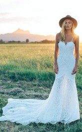 A Line Bohemian Low V Back Full Lace Beach Garden Bridal Gowns