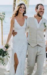 V-neck Lace Sheath Floor-length Sweep Train Sleeveless Wedding Dress with Split Front