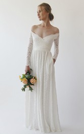 Pockets And Ruching Off-the-shoulder Illusion Long Sleeve A-line Wedding Dress in Floor-length