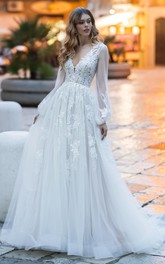 Elegant A Line V-neck Lace Court Train Wedding Dress with Appliques
