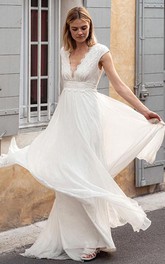 Bohemian V-neck Chiffon Lace A Line Short Sleeve Sweep Train Wedding Dress with V Back