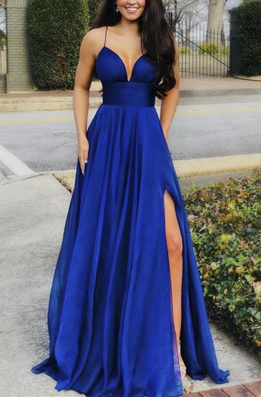 a line royal blue prom dress