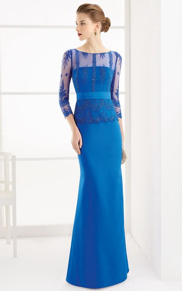 Sheath Floor-Length Beaded Half-Sleeve Scoop-Neck Chiffon Prom Dress ...