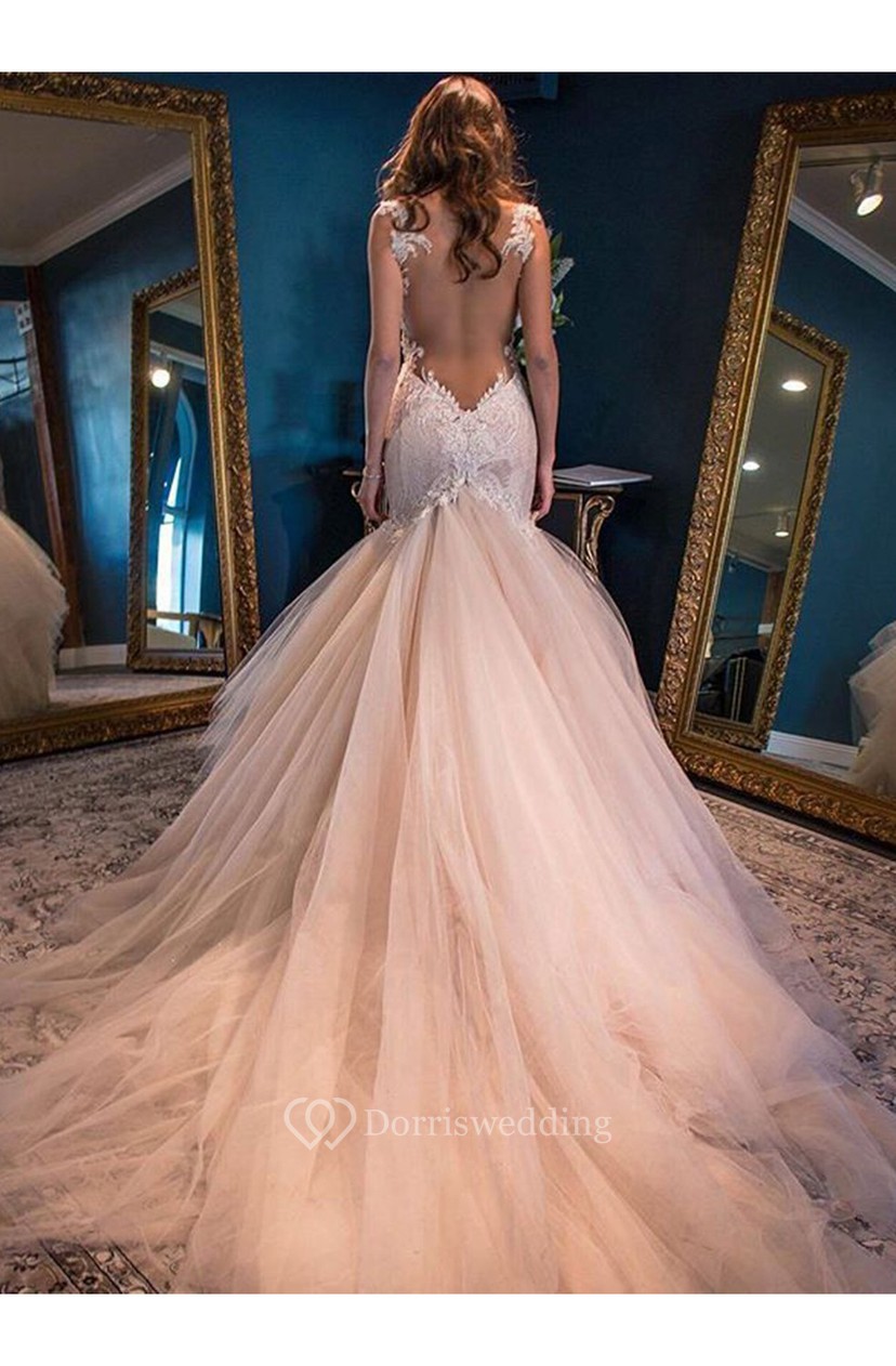 Mermaid Straps Backless Chapel Train Pink Wedding Dress With Lace Wedding Dresses Dorris Wedding