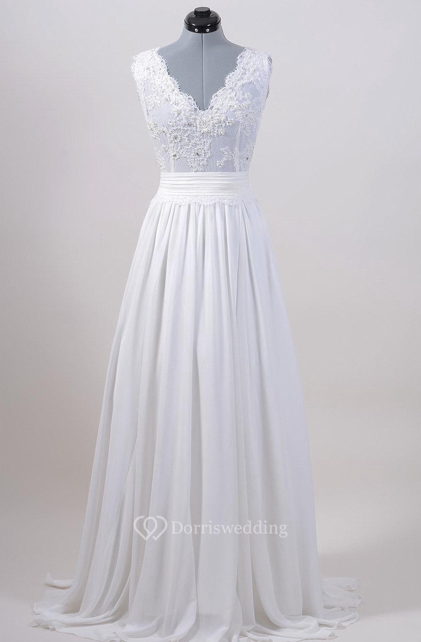 A-Line Sleeveless V-Neck Chiffon Dress With Lace Bodice and Cinched